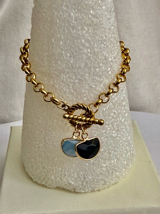 Artisan Jewelry - 18k Gold Plated Stainless Steel Toggle Clasp Bracelet with Two Gemstone Charms